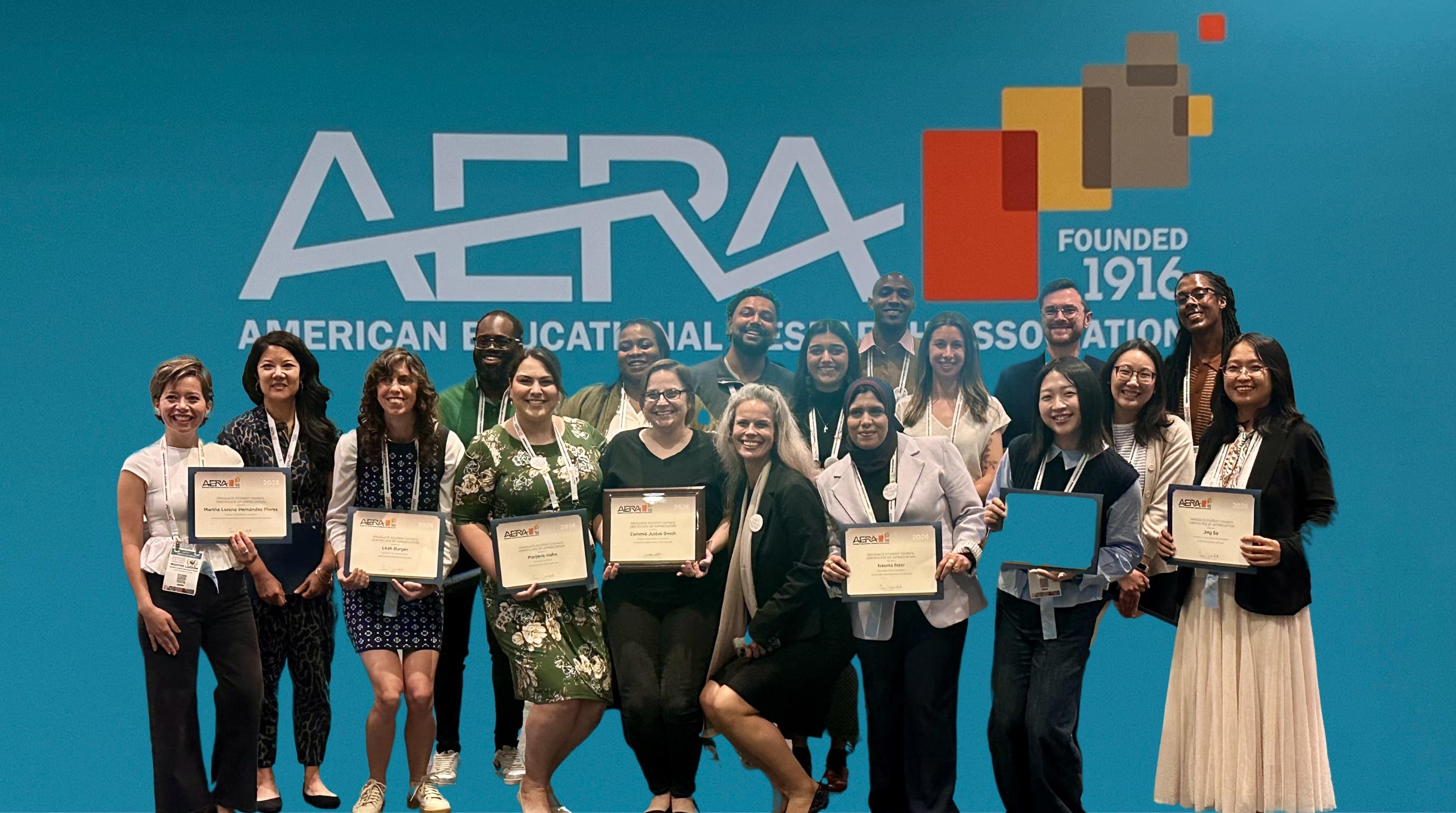 Ben, second from right in the back row, alongisde other AERA Graduate Student Council leaders at the 2026 AERA Annual Meeting in Los Angeles